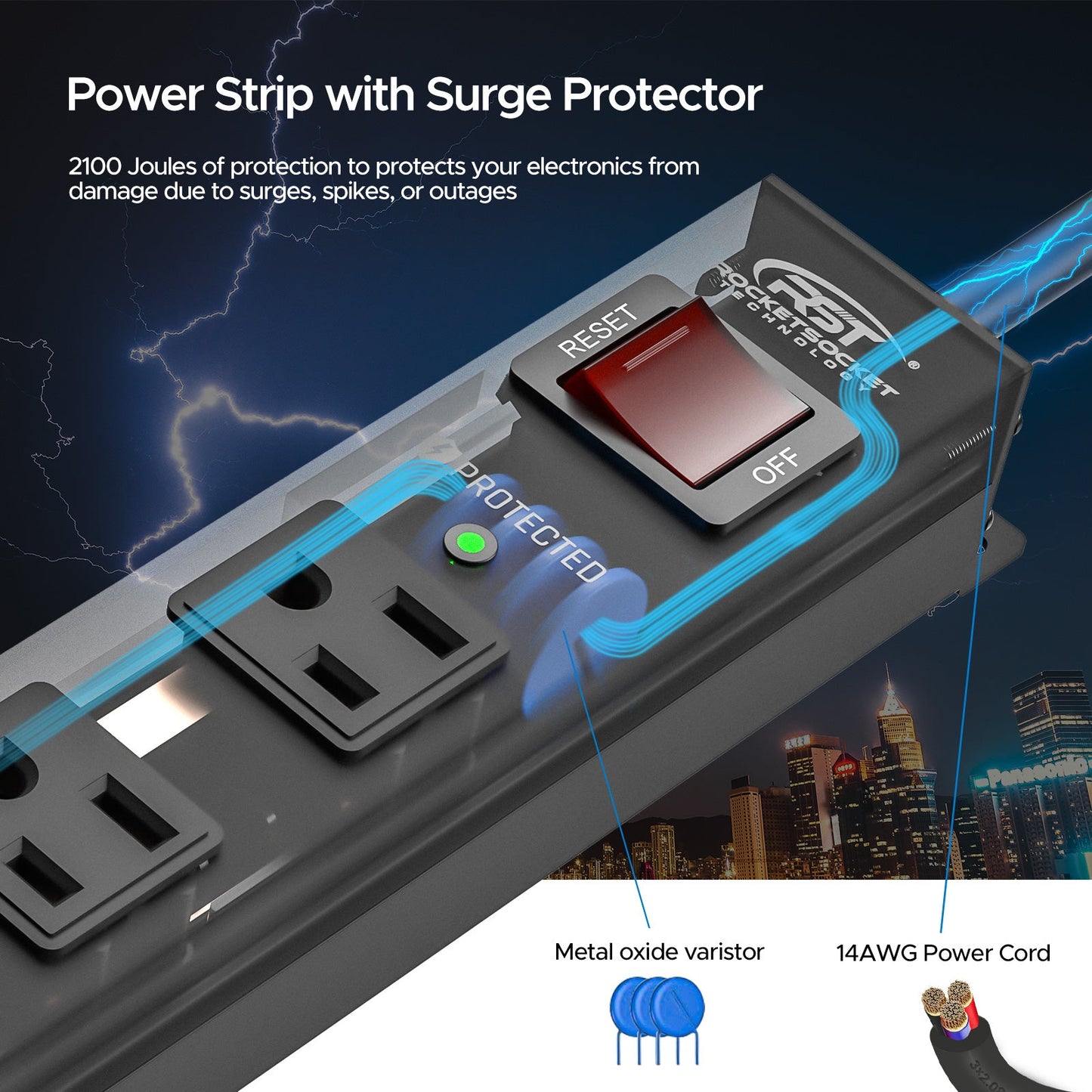 CRST 6-Outlet Metal Surge Protector, 2100 Joules, 10ft Heavy Duty 14AWG Cord with 45° Flat Plug, Industrial Mountable Power Strip for Home Office Garage & Workshop