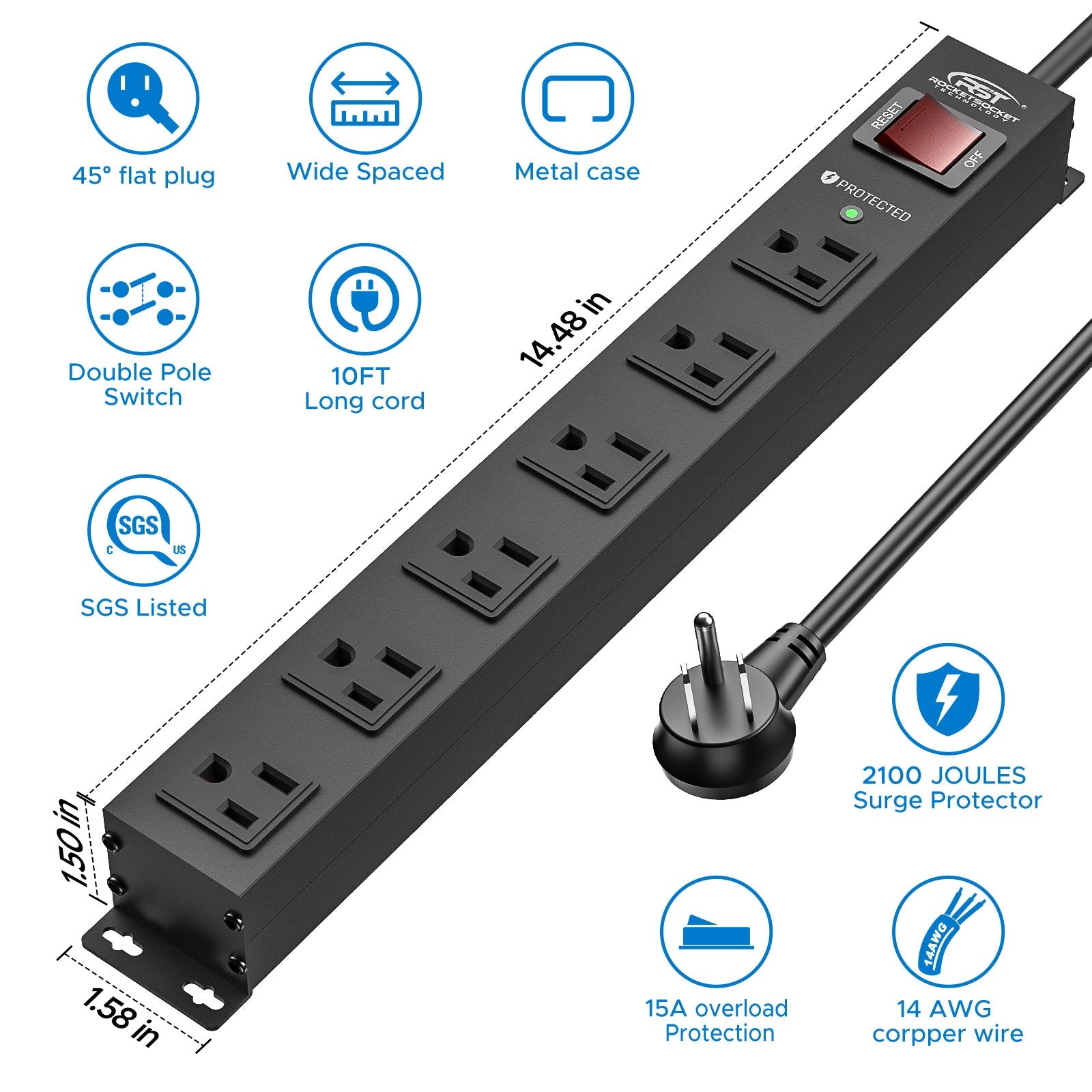 CRST 6-Outlet Metal Surge Protector, 2100 Joules, 10ft Heavy Duty 14AWG Cord with 45° Flat Plug, Industrial Mountable Power Strip for Home Office Garage & Workshop