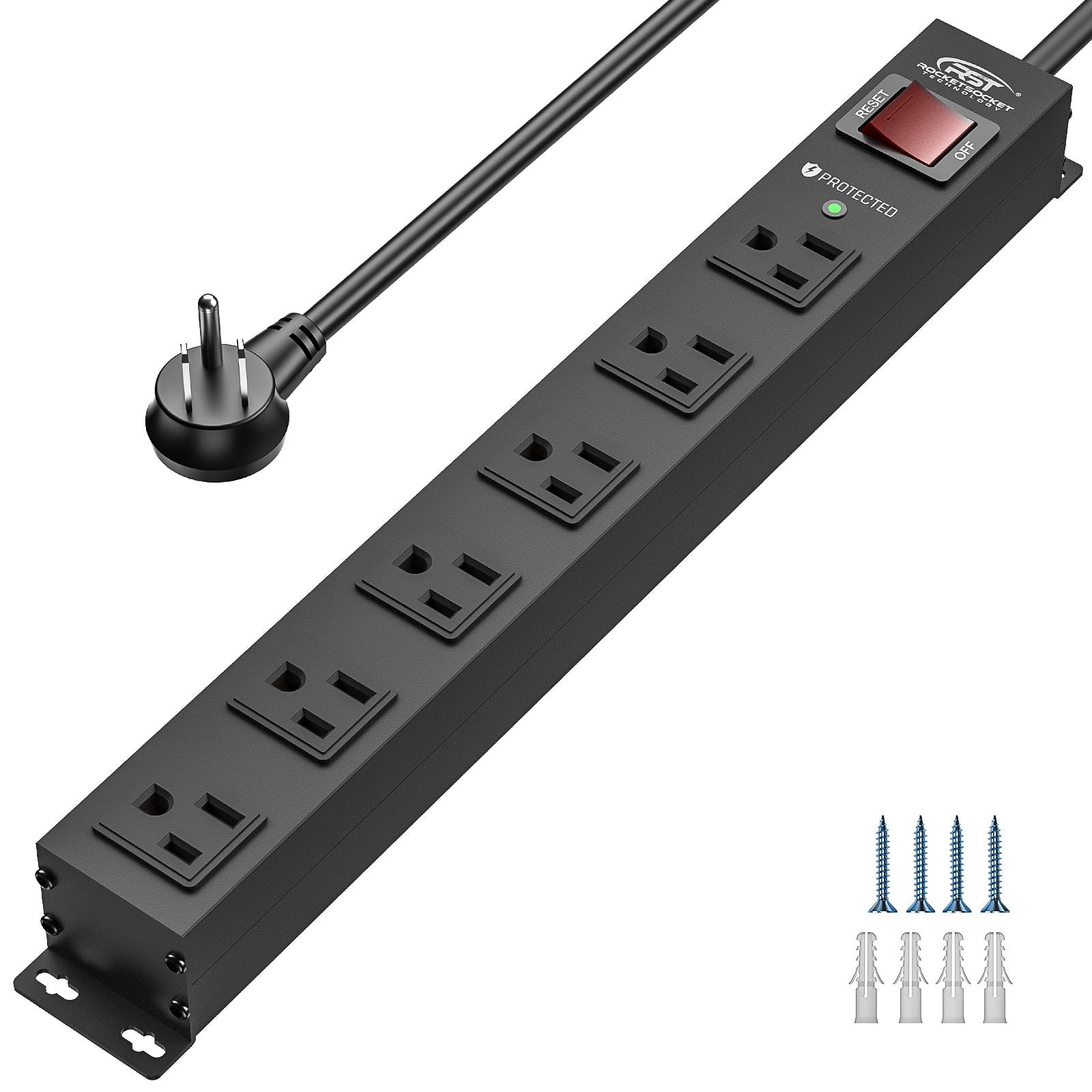CRST 6-Outlet Metal Surge Protector, 2100 Joules, 10ft Heavy Duty 14AWG Cord with 45° Flat Plug, Industrial Mountable Power Strip for Home Office Garage & Workshop