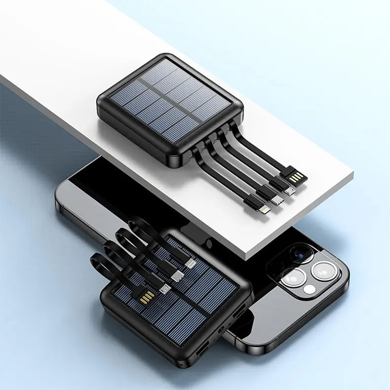 Large-capacity 20000 mAh outdoor mini mobile power bank with its own line solar power sharing four-wire power bank